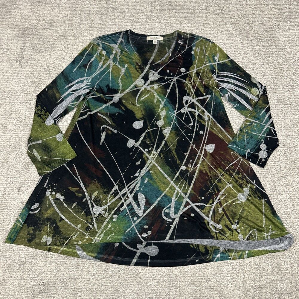 Jess & Jane Tunic Top Womens Medium Art Lagenlook Stretch Slinky Shirt Artsy USA